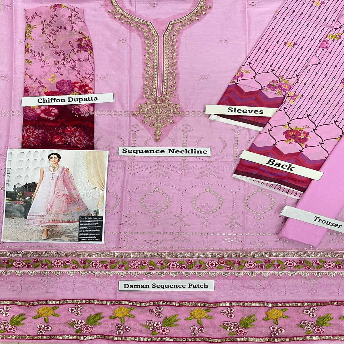Wholesale Pakistani indian Style 3 pcs In Lawn chikankari fabric Along with Printed Sleeves, Daman Patches and Chiffon Dupatta