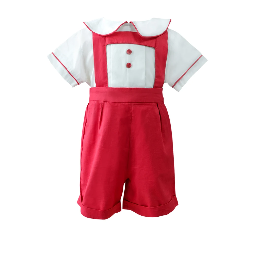 Baby boy clothing set 2 pieces outfits white short sleeves shirt button, red short pants 2 strap high quality for kid-Cloudy Set
