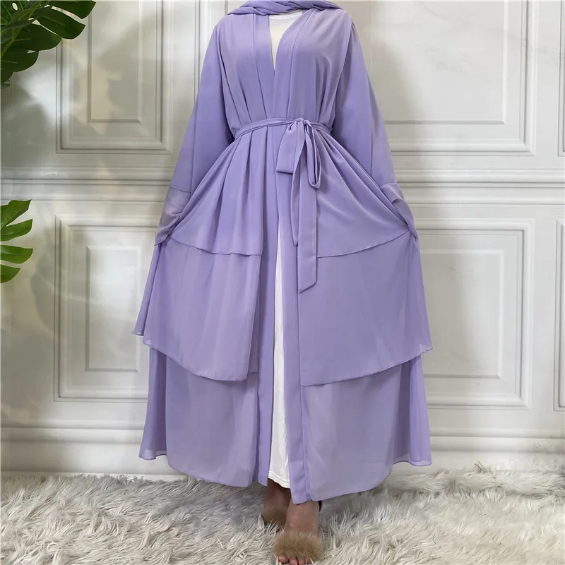 Middle East Female Islamic Ethnic Clothing Dubai Muslim 3 Layer Chiffon Cardigan Long Abaya Dress for Women