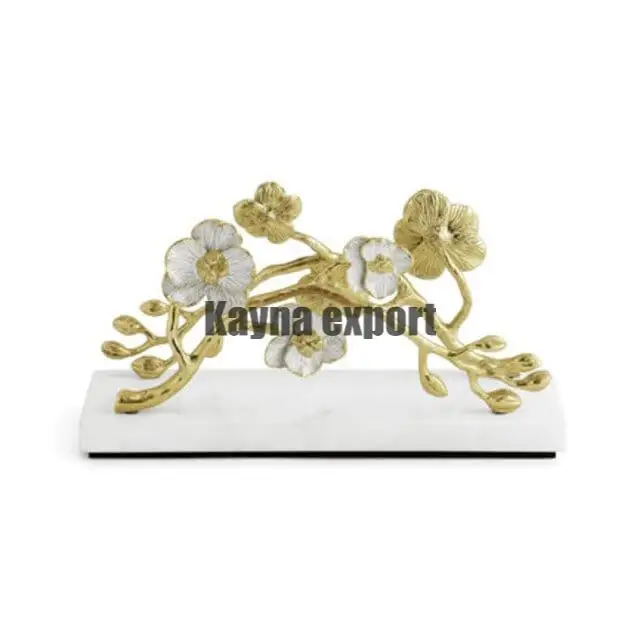 Handicraft beautiful brass leaf design  decorative marble base with gold beautiful branch tissue holder table and restaurant use