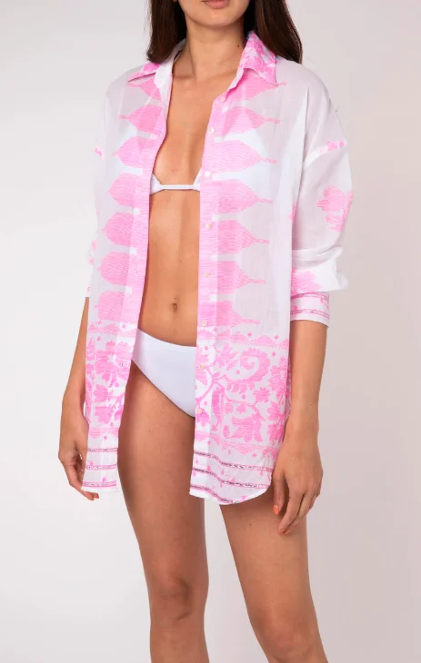 Warmer Weather Women Wardrobe Collection White Shirt In Neon Pink Dhaka Print  Boho Lady Instant Beach Style Coverup Shirt Dress