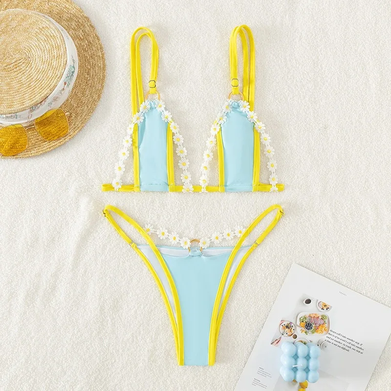 Beachwear 2023 Women Swimsuit Little Flowers Small Lace Hollow Cute Swimsuit In Stock Swimwear Small Triangle Sling Cute Bikinis