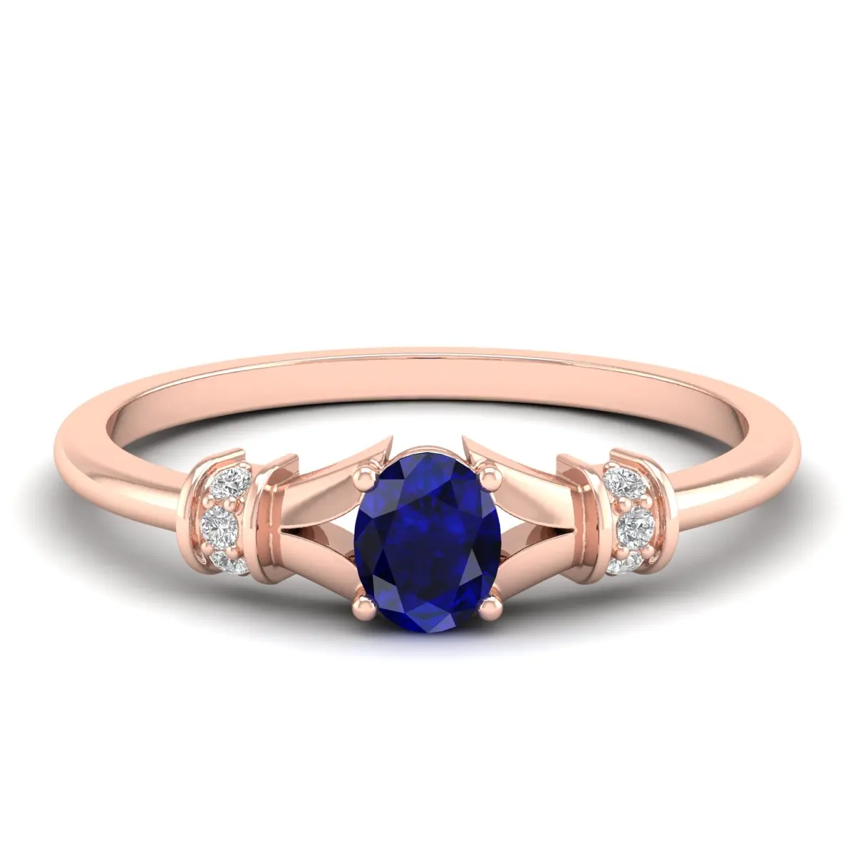 REYES High Quality 14K Solid Rose Gold Oval Cut 0.35 Carat Blue Sapphire Gemstone Rings Moissanite Engagement Bridal Jewelry