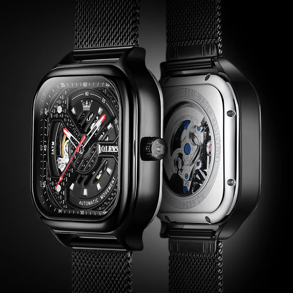 Custom High Quality Skeleton Square Watches Black Leather Watch Strap Automatic Mechanical Men Sports Watches