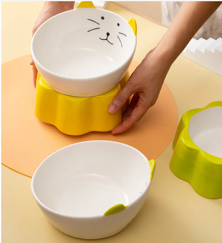 Cute Pet Supplies Ceramic Cat Food Bowls Drinking Feeder Sets Protection