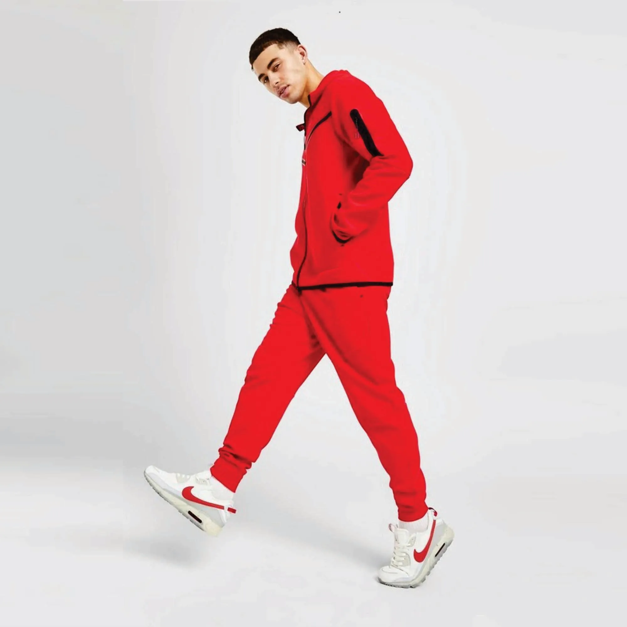 OEM Design 69% Cotton 31% Polyester Red Men Tech Fleece Tracksuit Full Zip Hoodie Joggers Sweatpants Sweatsuit