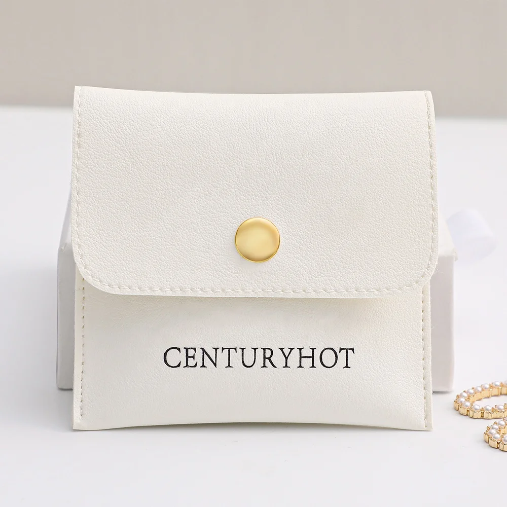 PUPPYSEW Wholesale White PU Leather Jewelry Pouch Bag  Jewelry Packaging Bag With Sanp Button Necklace,ring Pouch  With logo