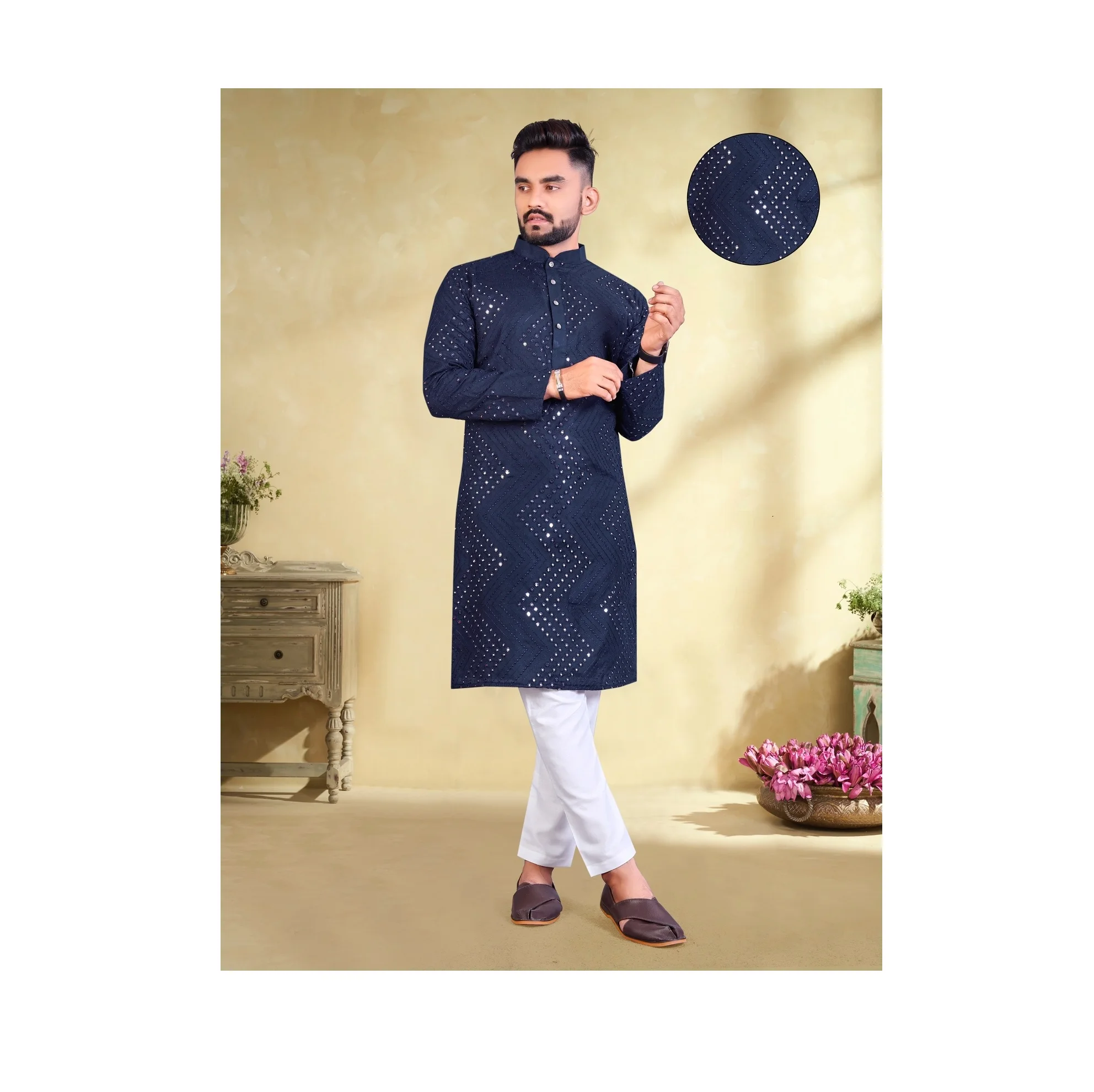 Пижама Мужская Kurta из мягкой хлопчатобумажной ткани с длинными рукавами для праздничной повседневной вечеринки от индийского поставщика по оптовой цене
