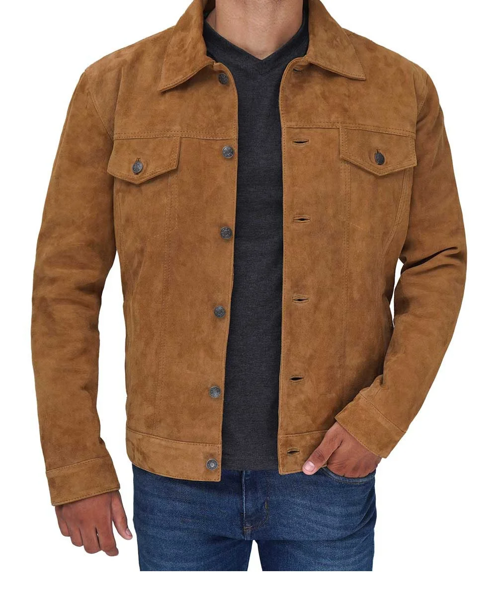 Super New Mens Suede Tan Leather Jacket  Windbreaker Leather Biker Jacket With Shirt collar with easy to fasten buttons Suede Ja