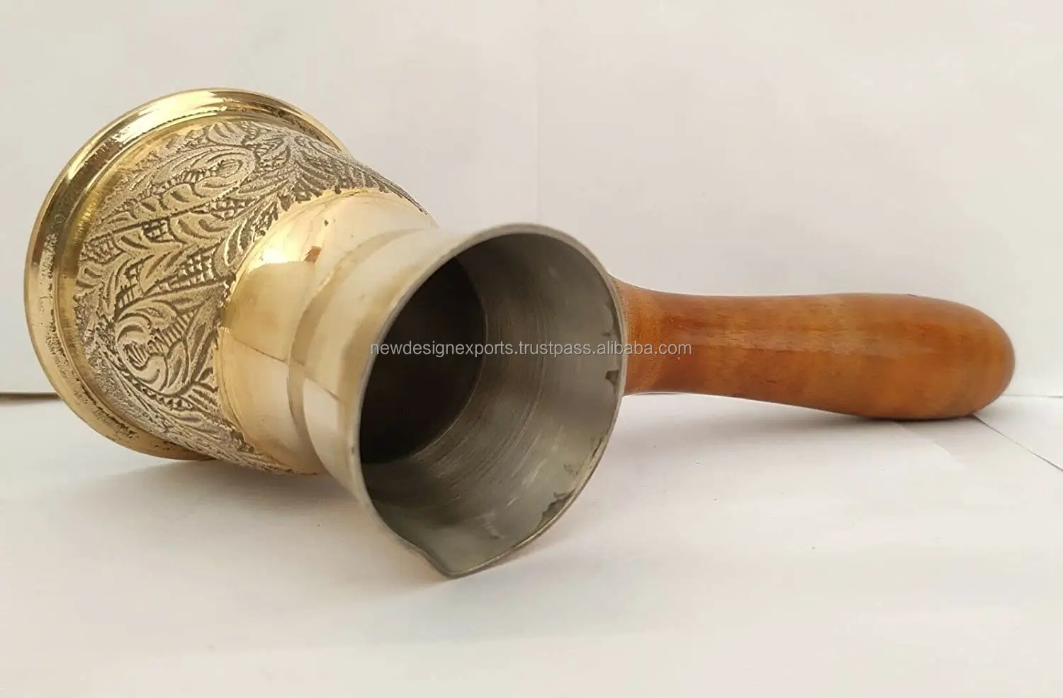 Golden Turkish Greek Arabic Coffee Pot Brass Metal Coffee Maker with Wooden Handle ( Medium - 10 Oz) Leaf Branch Engraved