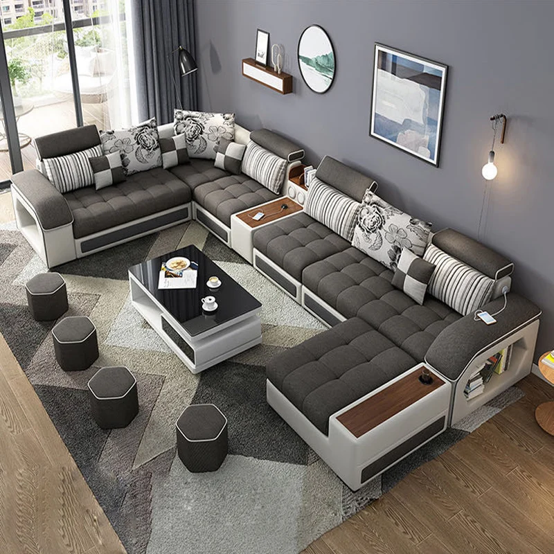 Convertible Sectional Sofa Couch with Ottoman Multifunctional Home Furniture Wooden Frame U Shape Sofa CEFS008