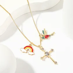 Fashion Jewelry Large Pearl Zircon Silver Plated 2 Layered Chain Cross Pendant Necklace Women