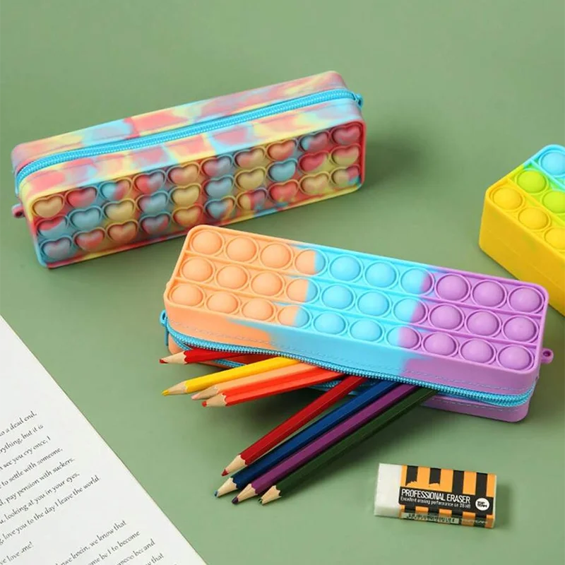 Custom Waterproof Silicone Square Shape Bubble Pop Pencil Case Silicone Kids Stationery Box Back To School Pencil Bag Pouch