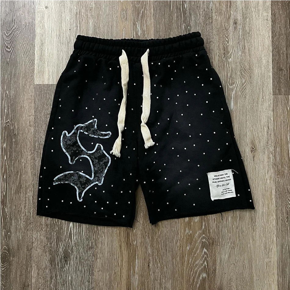 OEM Custom Logo rhinestone screen Print Drawstring Acid Wash Shorts 100% Cotton Sunfade Shorts For Men