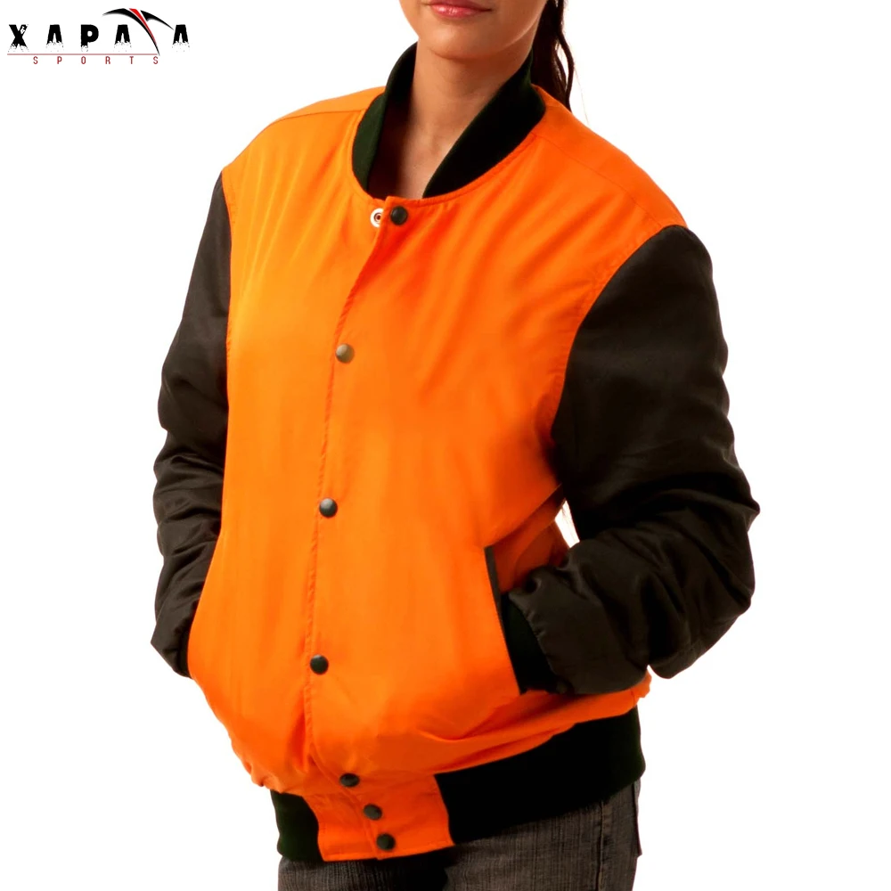 Custom Women Varsity Jackets Black Sleeve Orange Body Wool Women Outer Wear Light Weight Varsity Jackets By XAPATA SPORTS