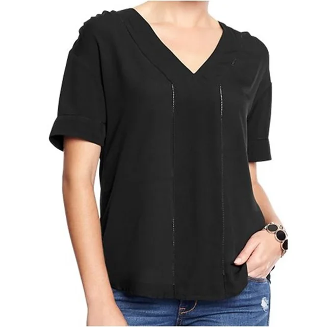 Black V neck cotton blend casual T shirt Rolled up short sleeve V neck tee for girls casual wear t shirts everyday use