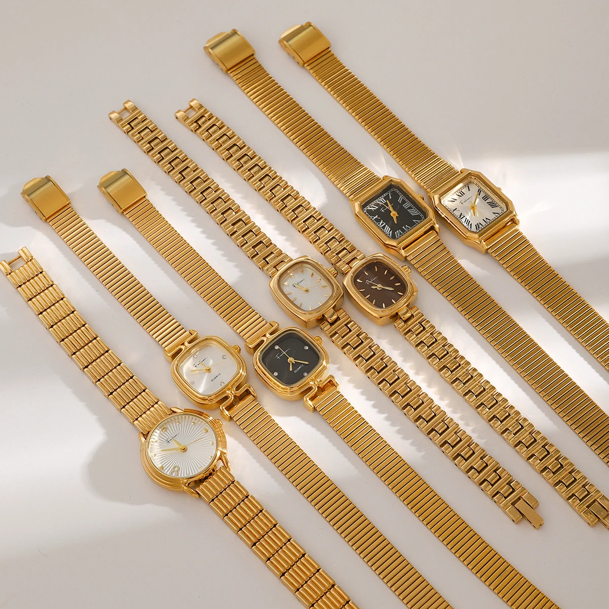 18k Gold Stainless Steel Square White Ribbed Quartz Strap Watch