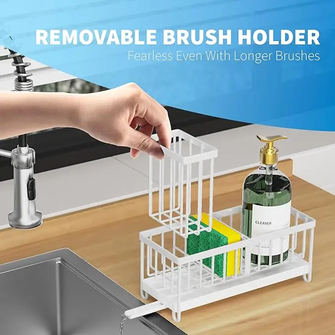 Sink Caddy with High Brush Holder Organizer Rustproof Stainless Steel Dish Organizer Divider Utensil Holder