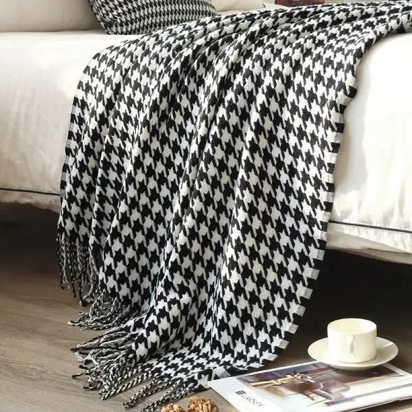 Houndstooth Cotton Blanket Cotton Houndstooth Blanket Throw With Fringe For Chair High Quality & Durable