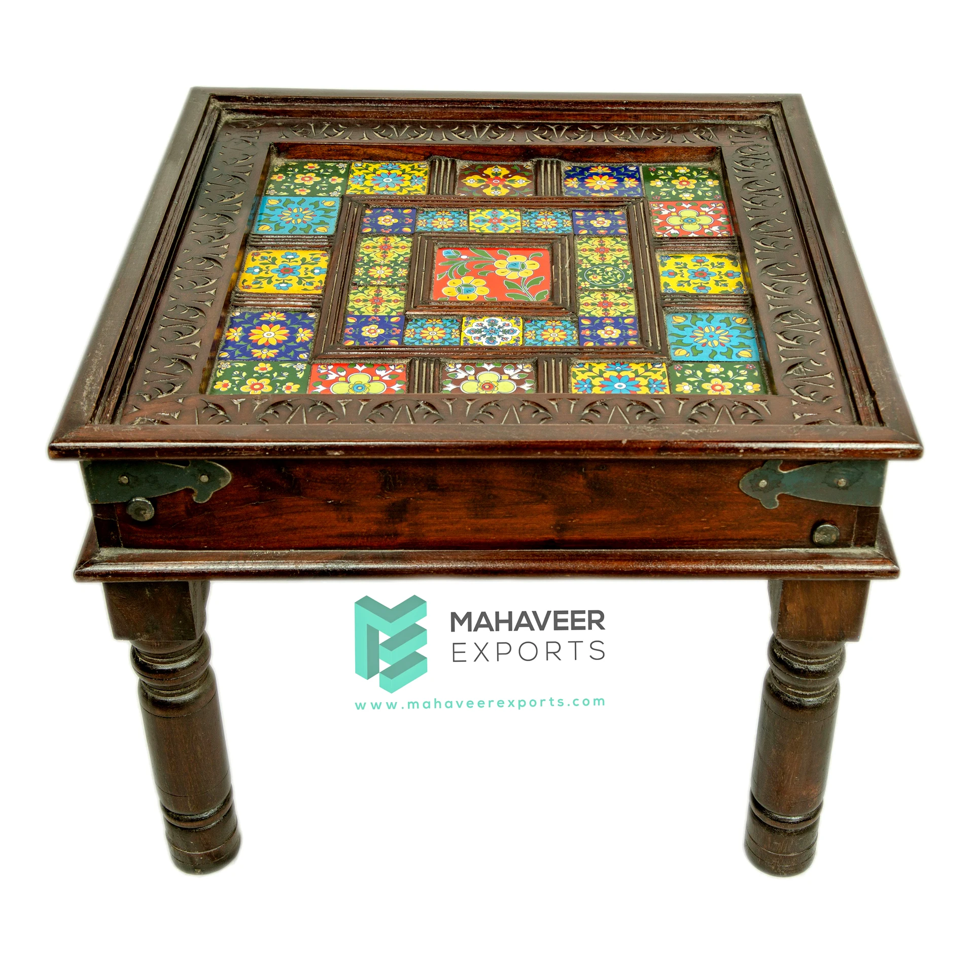 Best Selling Antique Designed Wooden Ceramic Tiles Fitted Dark Brown Finish Coffee Table for Living Room / Bedroom Furniture