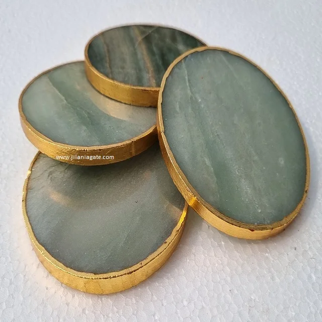 Green Aventurine Agate Coaster Wholesale round Quartz Gemstone Tabletop Gold Plating Ball Theme Decorations Love Style Rose Jade