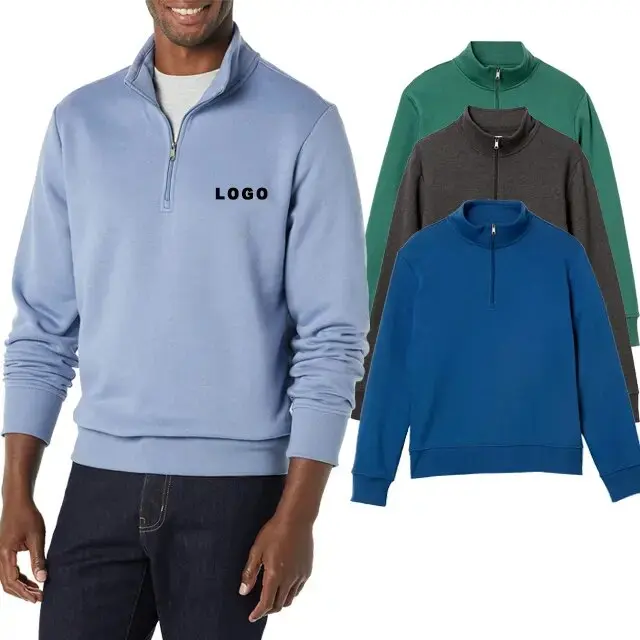 Unisex High Quality Custom 1/4 Zip Pullover Fleece Sweatshirt High Collar Hooded Crew Neck Half Zipper Cotton Men/Women Autumn