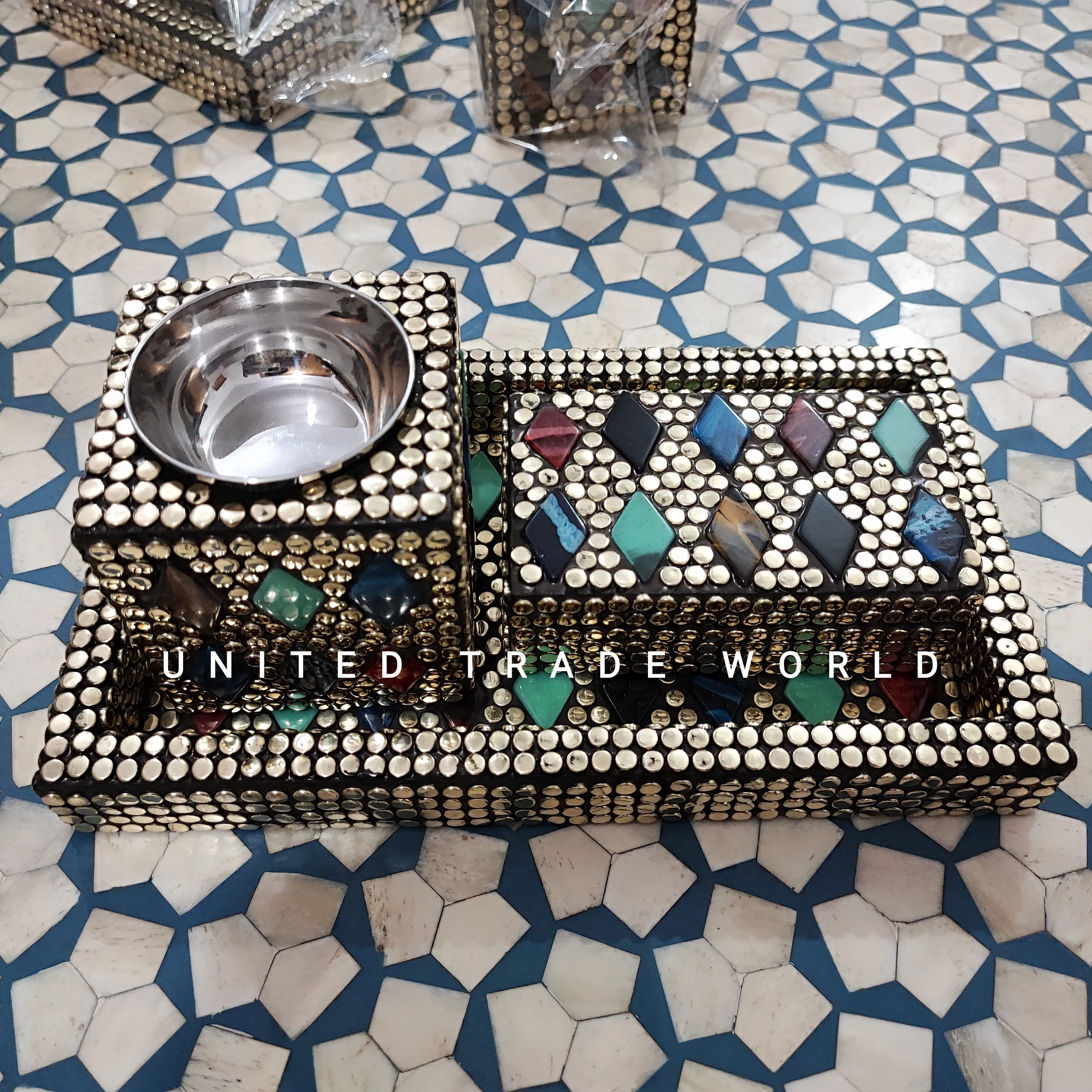 Arabic Brass tray incense madkhan burner bakhoor & box set for giveaways ramadan & eid giveaways By United Trade World