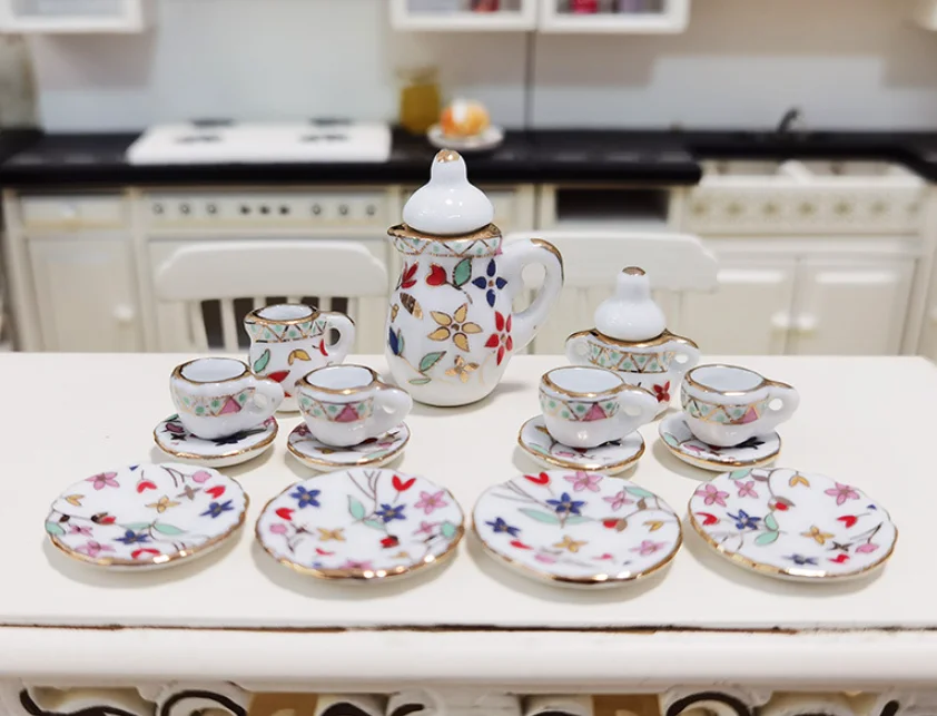 15 pieces :Doll house Miniature Tableware Ceramic Coffee Tea Set Porcelain Tea Cup Set Flower pattern Tableware Toy Store