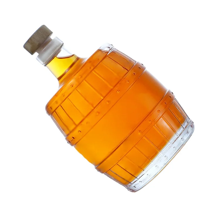 Empty Unique Glass Bottle for Apple Juice Whisky Energy Drinks Wine Barrel Shaped Glass 200ml 500ml Bottles with Airtight Cork