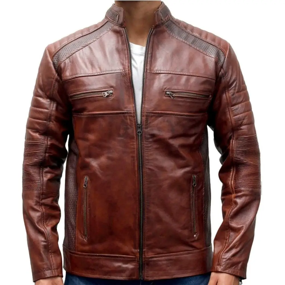 OEM Custom Stand collar distressed leather jacket/Waxed sheep leather vintage jacket/Fitted mens holes leather jacket brown