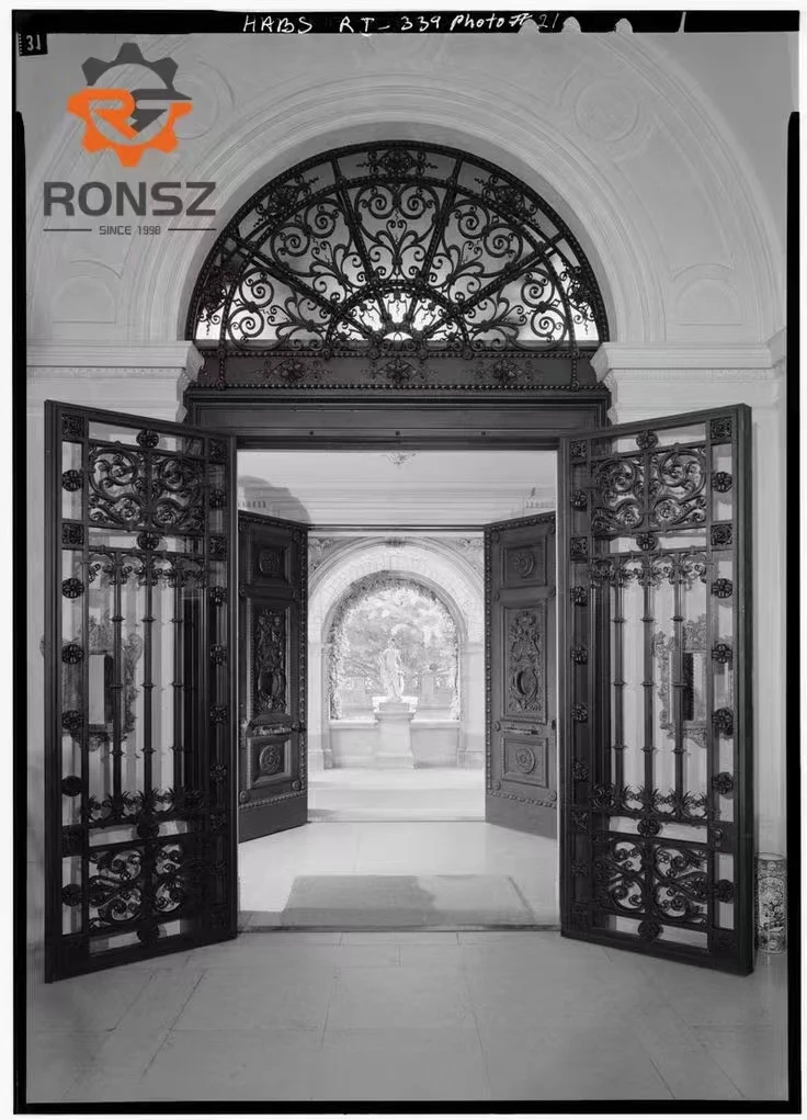 decorative small arched transom design security exterior vented glass double swing open outside wrought iron front entry door