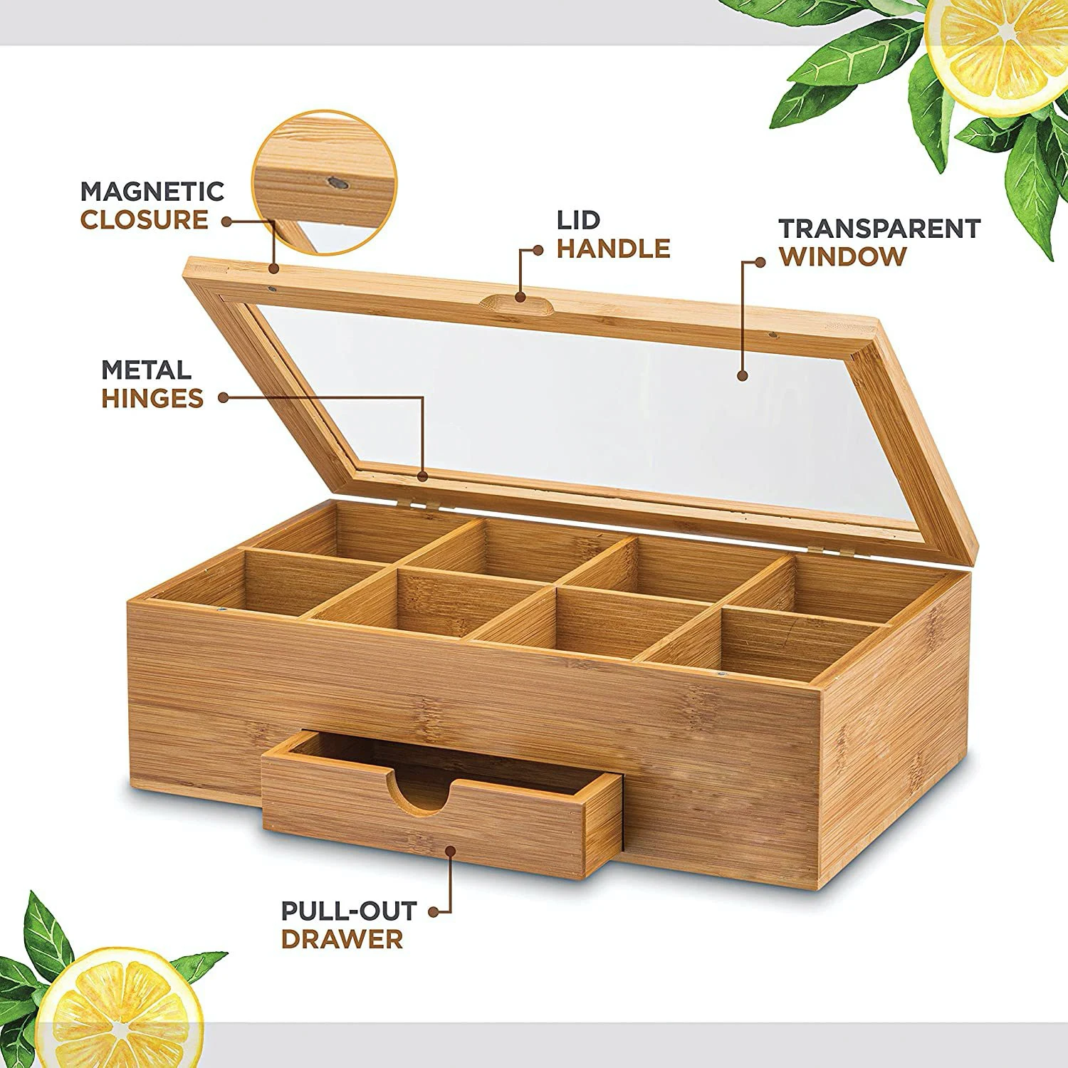 Christmas Gift Multi-functional 8 Slots Tea And Coffee Bag Storage Wooden Chest Bamboo Organizer Box For Countertop & Drawer