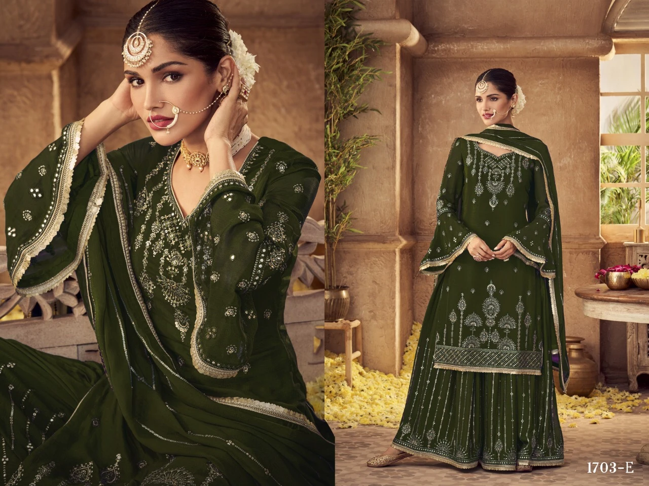 Heavy Faux Georgette with Embroidery Work Fancy Work & Damian 9 mm Sequence Ready Made Fancy Lace Palazzo Suit