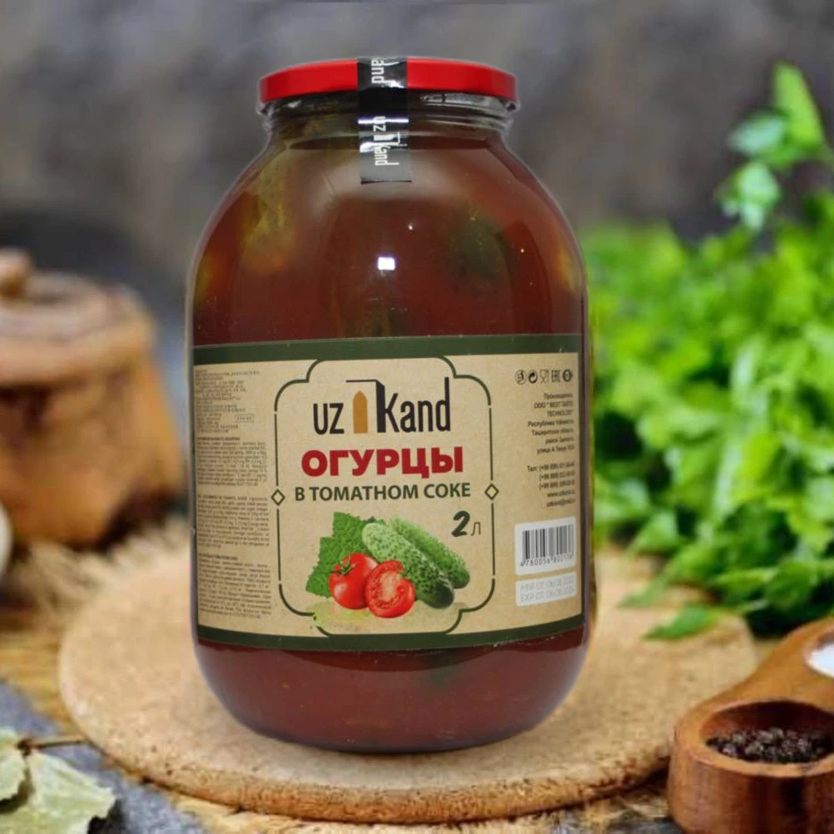 2L Canned Preserved Cucumbers in Tomato Juice High Quality from Uzbekistan