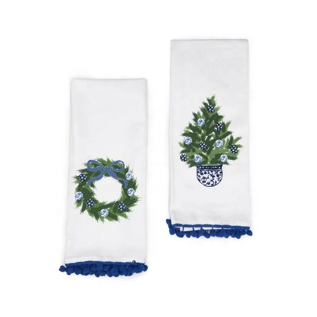 White Blue Digital Embroidered Tassled Hand Made Thicken Microfiber Washing Windows Wiping Household Cleaning Kitchen Dish Towel