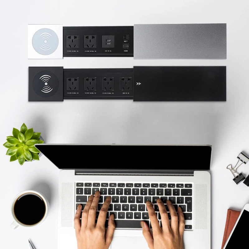 OEM customized Tabletop Hide embedded Sliding open Lid Power Grommets multimedia socket box with wireless Charging USB