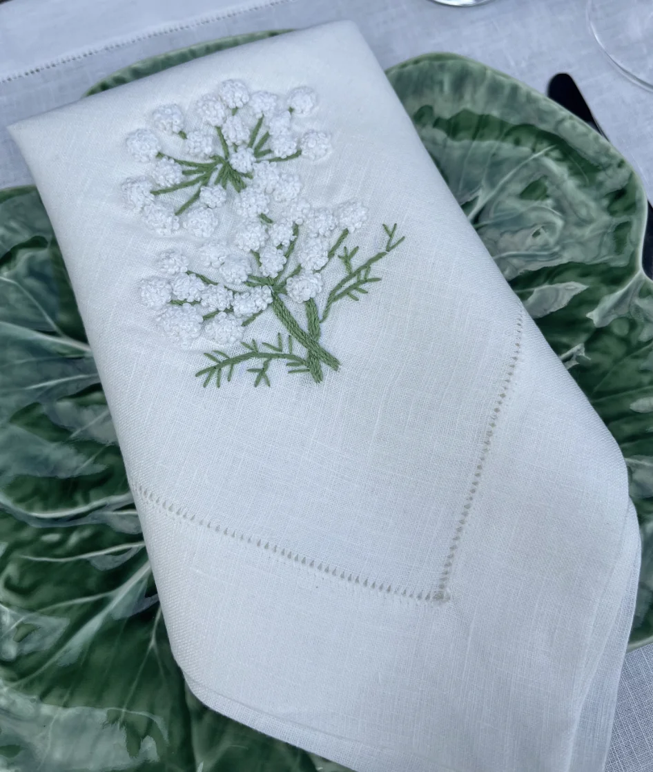 Set of 12 Hand Embroidered Botanical Flowers Napkins Pink Linen Cloth Dinnerware Premium Handcrafted Embroidery