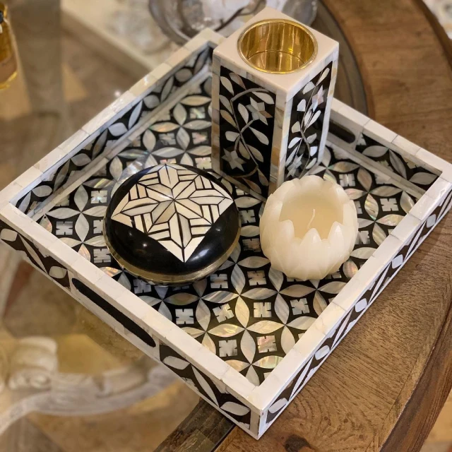 Customized Sticker Print Madkhan Wooden Round Bone Inlay Serving Tray New Bone Inlay Mother Of Pearl Tray Wooden Tray Set Of 3