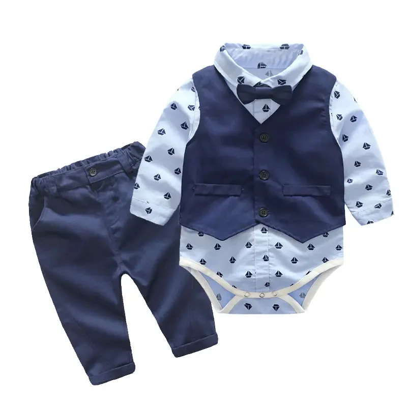 New Arrival Vest Sailboat Print Romper with Bow Pants Baby Boy Party Clothes Suits for Toddler Outfit Baby Set Clothing
