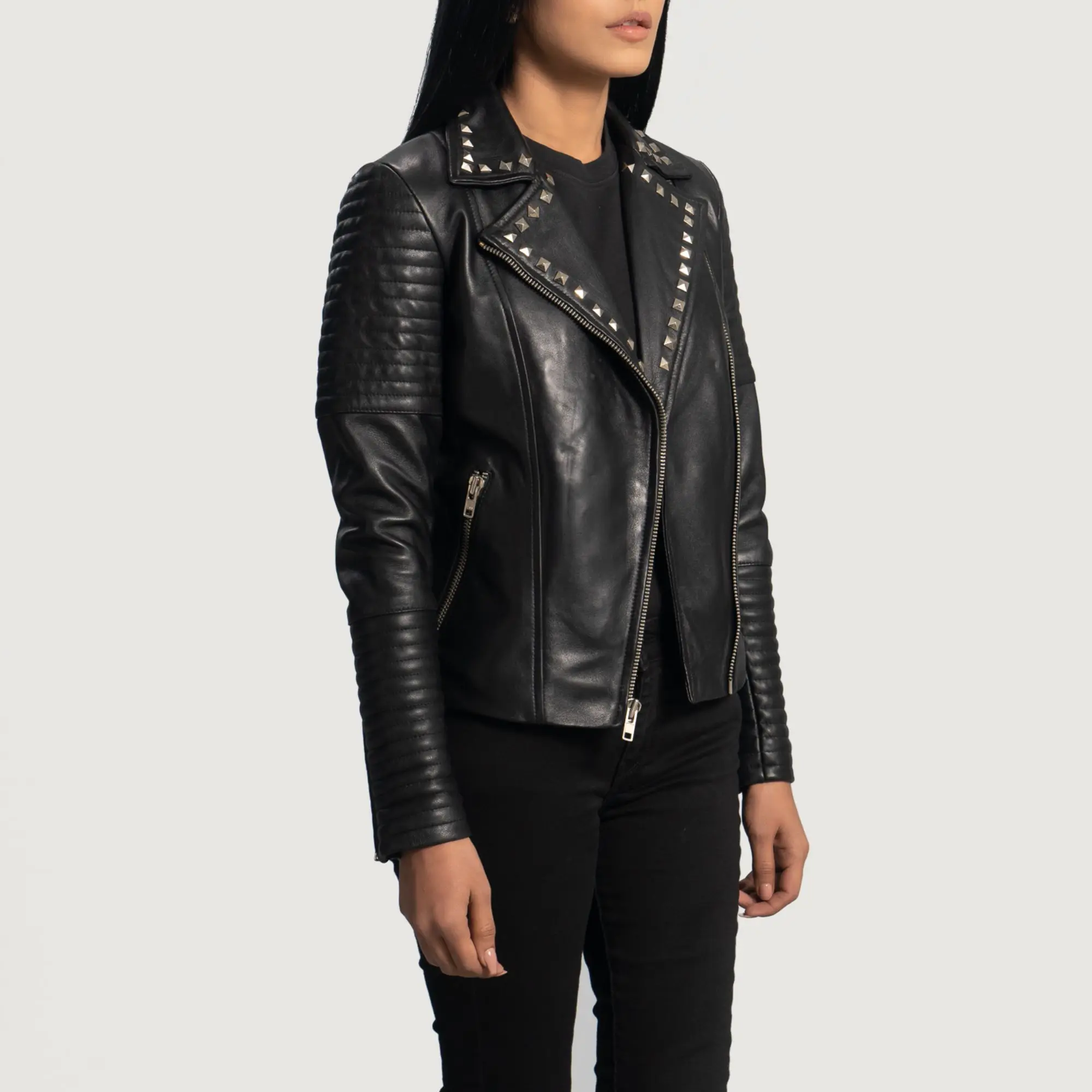 Real Leather Sheepskin Aniline Zipper Sally Mae Studded Black Women Biker Jacket with Quilted Viscose Lining and Inside Outside