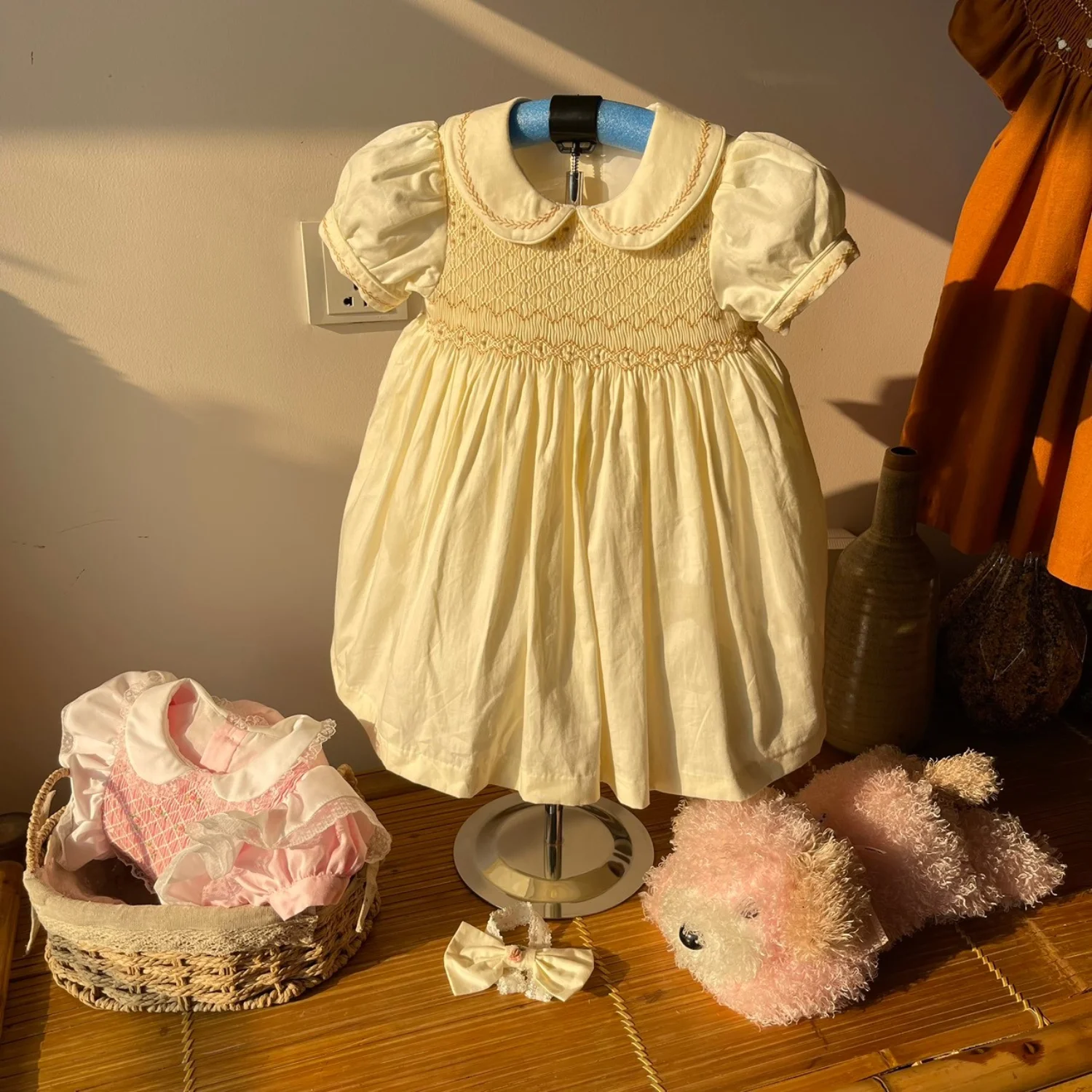 Girls dress smocked children clothing for baby girl size from 3M to 10T black blue cream color princess style customize