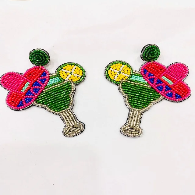 New 2023 Arrival Margarita Sombrero Hat Beaded Girls Night Out Earrings Rhinestone Crystal Drinks Beaded Dangle Earrings