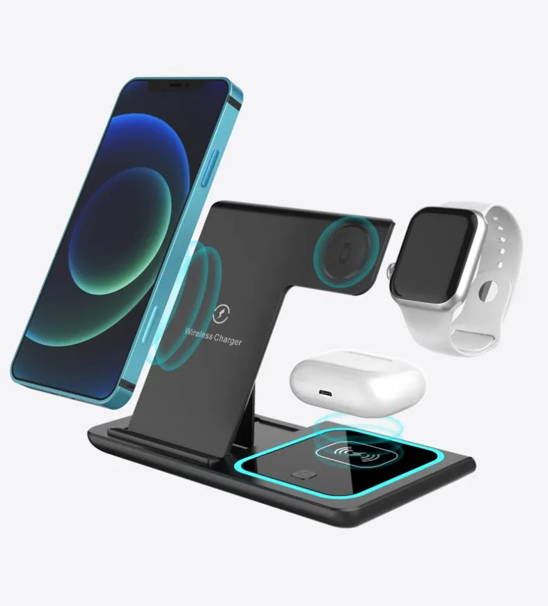 3 In 1 15W Multifuncion Folding Wireless Charger Stand Qi Fast Charging For Iphone Wireless Desktop Charging Station