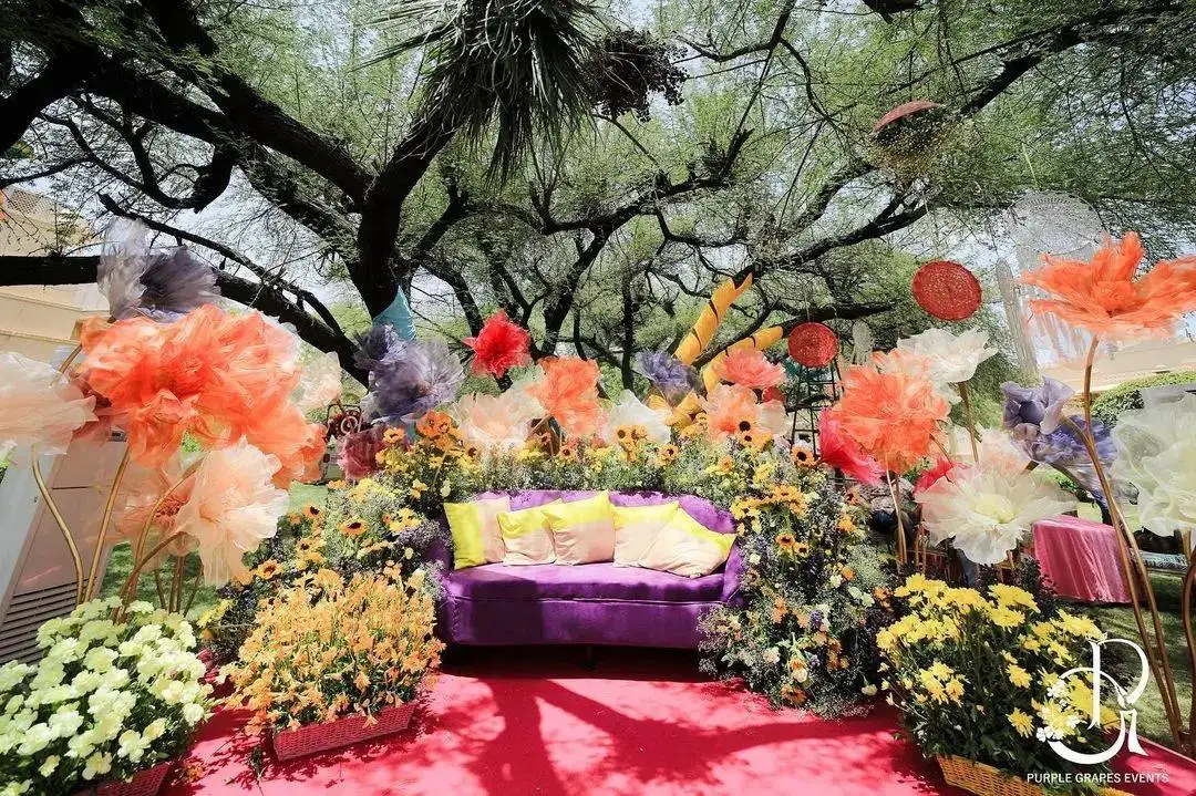 Wooden Tone Decorative Items With Artificial Marigold Flower Garlands & Light For Indian Wedding Stage Entrance Hall Decoration