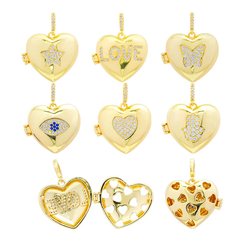 Trendy 18K Gold Plated Openable Heart-Shaped Cz Zircon Butterfly Star Eyes Love Heart Locket Photo Frames Pendants For Necklace