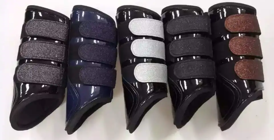 Fancy Customized Leather Horse Ankle & Tendon Boot set with softy leather padding brass hardware white stitching