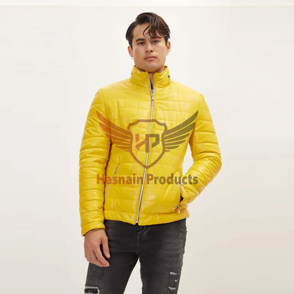 Chic and Trendy Lambskin Leather Puffer Jacket in Vibrant Yellow Stylish Outerwear for Fashion Enthusiasts