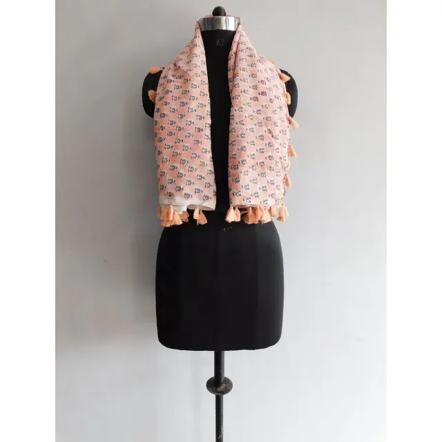 Pink Soft Cotton Women Summer Wear Scarf Indian Hand Block Floral Printed Tassel Shawl Stole Bandana Dupatta