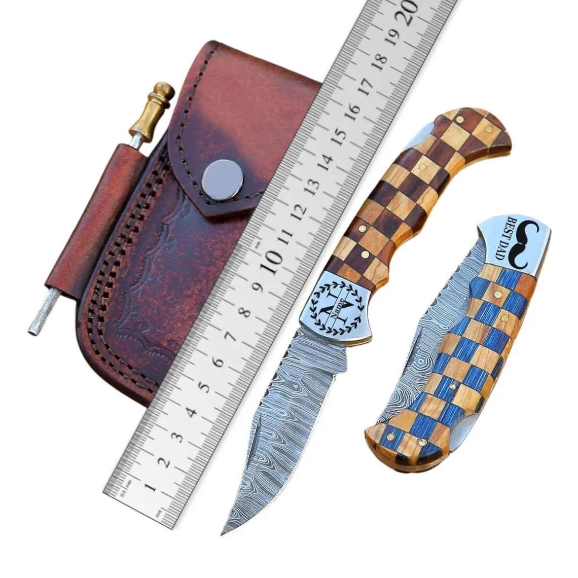 Изготовленный на заказ дамасский складной нож с 3-дюймовым лезвием экзотическая деревянная ручка кожаный чехол гравировка и оптовая продажа