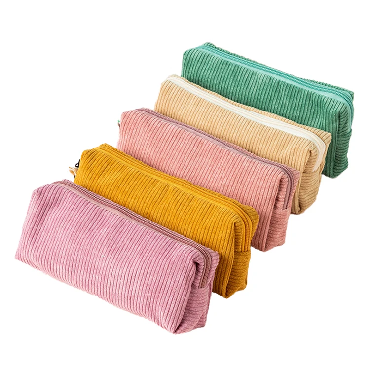 Wholesale Vintage Vertical Stripes Solid Color Pencil Bag Corduroy Portable Zipper Pencil Case For Student